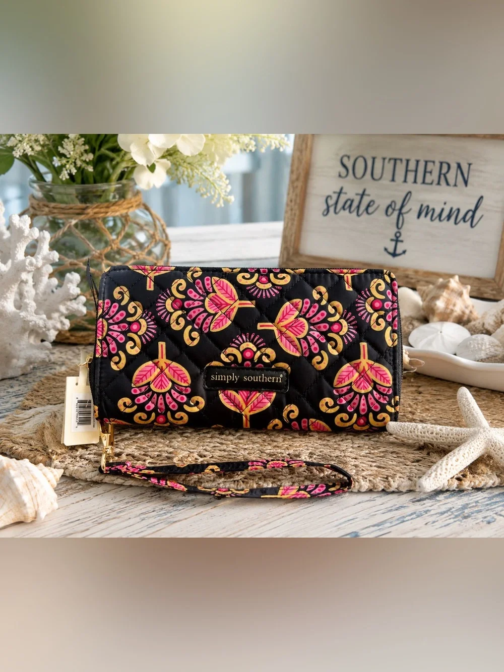 NWT Simply Southern Quilted Floral Wristlet Wallet Black Pink Gold Phone Wallet